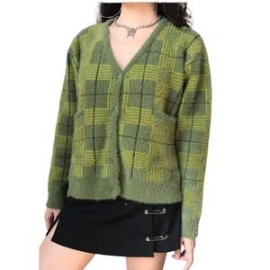 Plaid Check Avocado Green Furry Cardigan Sweater